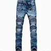 Jeans pour hommes en gros - Mode masculine de haute qualité Ripped Biker Hommes en détresse Moto Denim Joggers Pantalon plissé lavé Noir Bleu