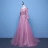 Pink Evening Dresses 3/4 Sleeves Appliques A Line Formal Party Gowns Long Prom Dress 2020 vestido