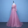 Rosa Aftonklänningar 3/4 Ärmar Appliques A Line Formal Party Gowns Long Prom Dress 2020 Vestido