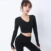 Trajes de yoga BINAND V-cuello Top Mujeres Acolchado Fitness Manga larga Sexy Gym Shirt Tight Sports Crop Slim Running Training