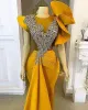 2022 Plus Size Arabic Aso Ebi Yellow Mermaid Stylish Prom Dresses Lace Beaded Crystals Evening Formal Party Second Reception Bridesmaid Gowns Dress PRO232