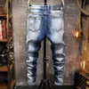 Calças de brim masculinas homens rasgados magros lápis calças calças de motocicleta streetwear retalhos cor gradiente slim fit denim homem Clothin253J