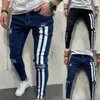 Heren jeans Mannen Skinny Denim Biker Side Striped Mens Ripped Broek Vernietigd Gat Gekrast Rits Slim Fit Jean Broek