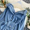 Vintage Sashes Slim Taille Jeans Coat Automne Winter Femmes Denim Jacket Coréen Boutons Backless Long Outer Vêtements de vente 201023