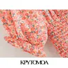 KPYTOMOA Femmes Chic Mode Imprimé Floral Élastique Smocké Mini Gaine Robe Vintage Col En V À Volants Robes Féminines Robes T200613