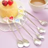 Colorful Long Handle Stainless Steel Spoons Ice Cream Tea Coffee Dessert Spoon Heart-shaped Porcelain handle 15cm