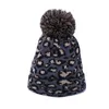 Leopar Örme Şapka Pom Pom Kürk Topu Beanies Kadınlar Kış Sıcak Yün Örme Şapka Açık Sıcak Tutmak Sıcak Beanie Caps Parti Şapkalar W-00427