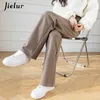 Jielur Woolen Wide Leg Pants Black Khaki Winter Korean Style Women byxor Hög midja Löst rak Mopping Long 220211