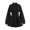 Fashion-PERHAPS U Women Stand Collar Long Sleeve Balck Plaid Pleat Ruched Mini Dress Puff