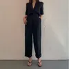 Kvinnors tvåbitar byxor cny koreansk retro stänger av nacken kortärmad korta kvinnor kostym jacka hög midja lösa breda benbyxor avslappnad kvinna