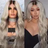 Spets Frontsimulering Människohår Peruk Brazilian Body Wave Blekta knutar 150% Densitet Ombre Grå syntetisk spetsperuk För kvinnor