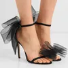 Sandálias Satin Shoes Mulher Doce Big Bow Nó Elegante Ankle Strap Party Black High Saltos Wedding Open Toe1