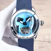 Nowy 46mm Puchar Admiral's Bubble Steel Case Watch L016 / 03268 Black Dial Blue Skull Automatic Tourbillon Mens Watch Gumowe szklane zegarki sportowe
