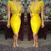 2022 Sexy Yellow Women Cocktail Dresses V Neck Illusion Long Sleeves Lace Appliques Beaded Short Prom Dresses Party Dress Night Celebrity Formal Homecoming Gowns