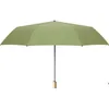 Portable résistant au vent poignée en bois pluie pliable parapluie femmes trois pliant UV soleil parasol revêtement noir parapluies RRF14118