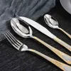 Upspirit 16 Pcs Gold Stainless Steel Tableware Cutlery Set Spoon Knives Forks Dinnerware Flatware Silverware Kitchen Kit 211228