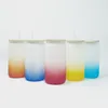 local warehouse 16oz sublimation Gradient glass tumbler frosted blank glass can with bamboo lid reusable straw colorful Glass jar 303J