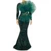 2022 Hunter Green Sparkly Pailletten Spitze African Dubai Abendkleider Tragen Sie Jewel Neck Long Sleeves Rulffes Meerjungfrau Abendkleid Vintage Formelle Party Pageant Kleider