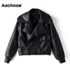 Aachoae Frauen Solide Kunstlederjacke High Street Langarm Crop Tops Dame Umlegekragen Chic Taschenmantel Oberbekleidung LJ201012