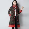 Big Size Women Winter Cotton Linen Ethnic Print Button Long Coat Lady's National Style Jacket Stand Collar Kvinnlig vintage Coat T200212