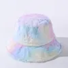 Искусственного мех Tie Dye женщины зима Bucket Hat Боб мода Теплая Мягкая Радуга бассейн Hat Lady Girls Рыбак Hat Открытую Панама