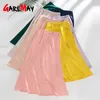 Women s Pink Green Silk Satin Skirt Vintage Korean Style Long High Waist Midi Skirt For Women A Line Elegant Skirts Summer LJ200820