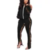 Women's Tracksuits Women Leopard Patchwork Fashion Two Piece Suit Long Sleeve Stand Collar Cold Shoulder Cardigan + Slit Trousers1