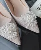 Fashion White Designer Wedding Shoes For Bride Lace Pearls 2022 New Pointed Red Bottom High Heels Women Pumps Evening Gowns Wear Shoes