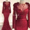 Verbazingwekkende Bourgondië Mermaid Prom Dresses Sheer Juweel Hals Lange Mouw Kant Applicaties Arabische Avondjurk Jurk Vestidos de Gala EE