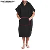 Men's Sleepwear Men Hooded Bathrobes Pockets Homewear Loose Short Sleeve Solid Color Robes Cozy Beach Towel Poncho INCERUN S-200f