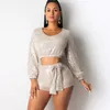 Ceremokiss Sequin Outfits Two Piece Set Women Sparkle Glitter V Neck Crop Top Shorts Autumn Sexy Bandage Puff Sleeve Club Sets T200325