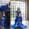 2021 Royal Blue Maternity Nachtkleding Off Shoulder Ruffles Front Split Nachthowns voor Photoshoot Nightwear Undergarents BabyDoll