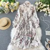 Nieuwe aankomst Vakantiejurk Women Fashion Long Sleeve Flower Print Geplooide jurk Elegant Woman Midi Holiday Dress T200603