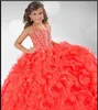 Coral pagent grils halter vestido de baile organza cristal frisado pequenos vestidos brilhantes vestido da menina flor feito sob encomenda