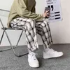 Houzhou-Pantalones a cuadros para hombre ropa de calle coreana pierna ancha transplable harajuku verano 0214