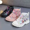 Winter Baby Shoes Girls Warm Plush Boots Fashion Printing Picture Children OUTWEAR 1-5 Years Size 21-30#Pink Black White 211227