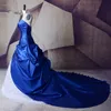 반짝이는 실제 이미지 새로운 흰색과 로얄 블루 라인 웨딩 드레스 2019 레이스 태 피터 아플리케 신부 가운 구슬 맞춤형 크리스탈 F284Y