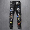 Amerikanische Streetwear Mode Männer Jeans Elastische Slim Fit Zerrissene Denim Bleistift Hosen Homme Patches Designer Stretch Hip Hop Hosen 201117