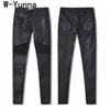 W-Yunna nova moda imitação denim magro leggings para mulheres pretas motocicleta streetwear calças dobra os zíperes pu calças de couro lj200820
