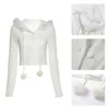 Damenjacken Frauen Langarm Hoodie Strickjacke Flauschiger Plüsch Patchwork Pompon Kordelzug Pullover Mantel Schlankes weißes Strickwaren-Crop-Top