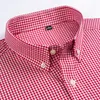 Men's Standard-Fit Long-Sleeve Micro-Check Shirt Patch Pocket Thin Soft 100% Cotton White/red Lines Checked Plaid Dress Shirt LJ200925