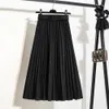 Nieuwe herfst elastische taille vrouwen lange rok met riem winter zwart aline vrouwelijke rok vast geplooide rok Korea stijl femme t200324