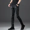 Jantour coton hommes jean pantalon à lacets Denim pantalon noir pantalon maigre mince Hip Hop vêtements de sport taille élastique homme pantalon 20112261g