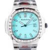 2022 New 5711 Ice Blue Dial Square Diamond Mens Часы Япония 8215 Автоматическое движение Montre de Luxe WritWatch Прозрачное стекло Back Classic