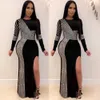 Casual Dresses 2021 Women Spring Winter Long Dress Full Sleeve Diamonds Open Fork Sexy Night Club Party Bandage Fashion Maxi Vestidos