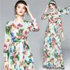 Nouvelle piste Hortensia Floral Automne Robe Femmes Feuilles Vertes Fleur Imprimer Diamant Boutons Longueur Cheville Robes En Mousseline De Soie Plissée 201204