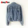 GareMay Vintage Perle Perles Court Denim Vestes Femmes Bleu Lavage À Manches Longues Casual Jean Veste Bomber Denim Manteau Plus La Taille T200212