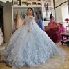 Luz azul quinceanera vestido 2021 off ombro flores lantejoulas grânulos Puffy festa princesa doce 16 vestido vestidos de 15 años