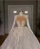 Luxury Crystal Beading Ball Gown Bröllopsklänningar Högkrage Långärmad Sequins Brudklänningar Illusion Baklösa Sweep Train Bröllopsklänning