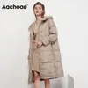Aachoae hiver femmes manteaux couleur unie mode longue doudoune avec fermeture éclair à manches longues bouton épais chaud à capuche manteau 201023